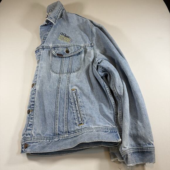 Vintage 90s Lee Embroidered Oversized Thrashed Jean Jacket Light Wash Mns XL - Picture 1 of 15